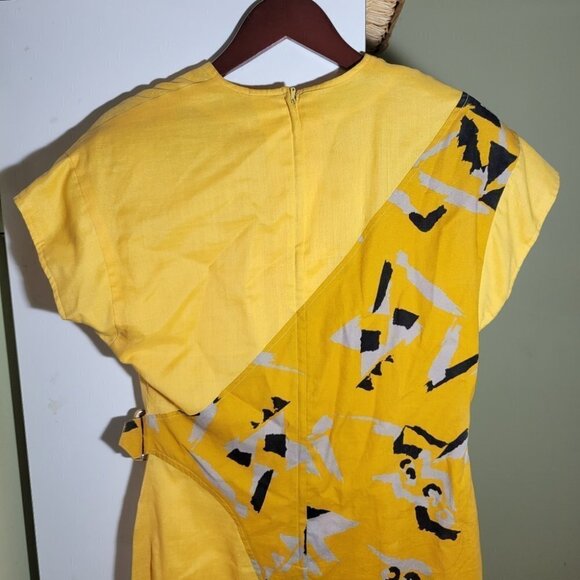 Vintage retro abstract midi dress yellow cotton linen blend size 36 small medium - Picture 7 of 12